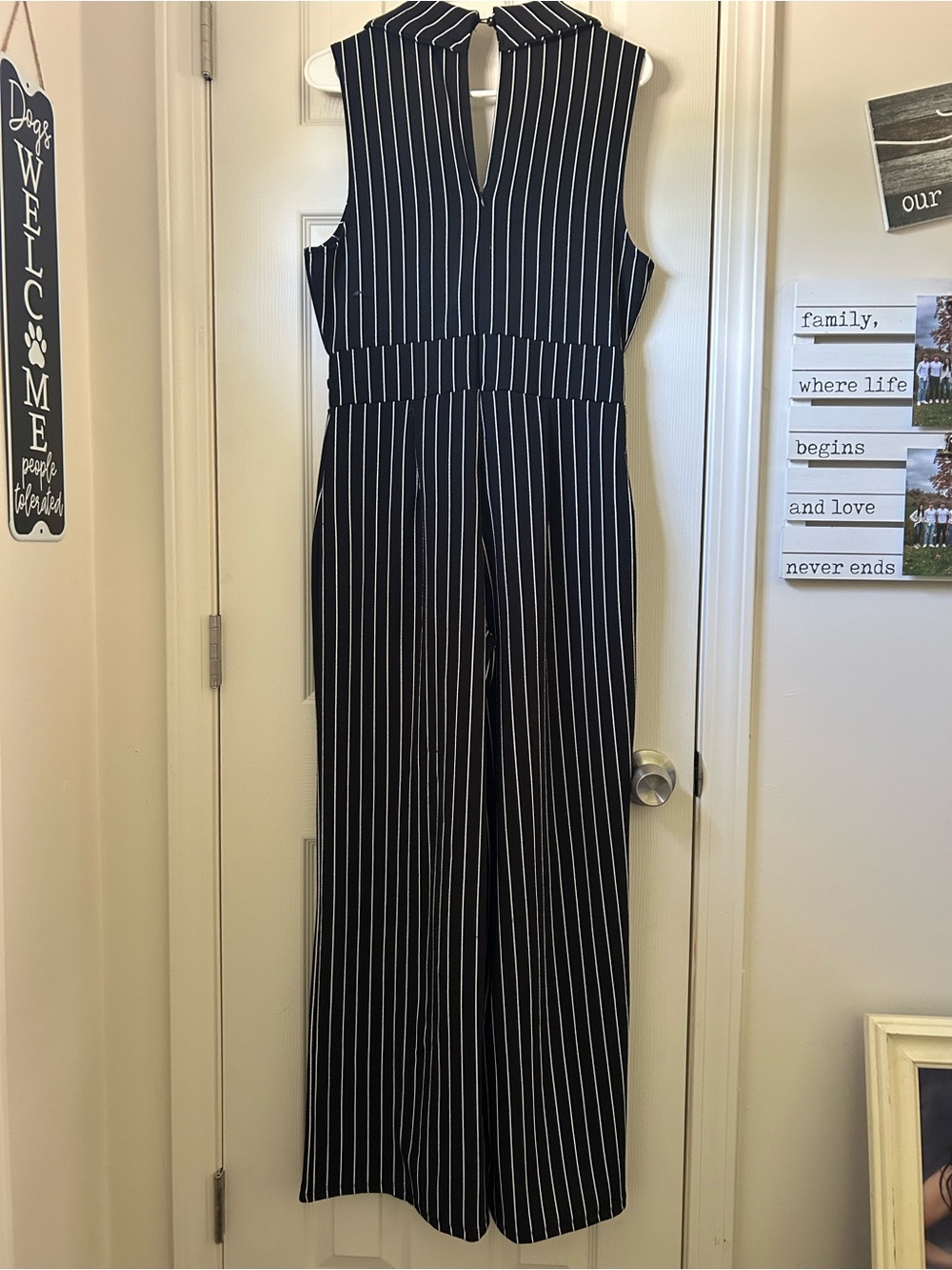No Boundaries Black & White One-Shoulder Pinstripe Jumpsuit - Picture 3 of 3